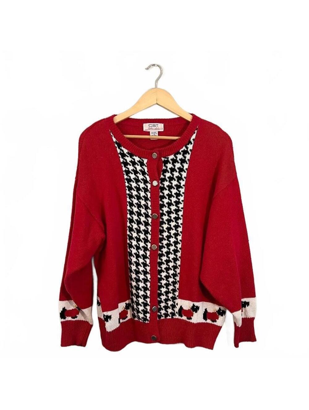 Vintage Red Whimsy Scottie Dog Button Up Cotton Cardigan